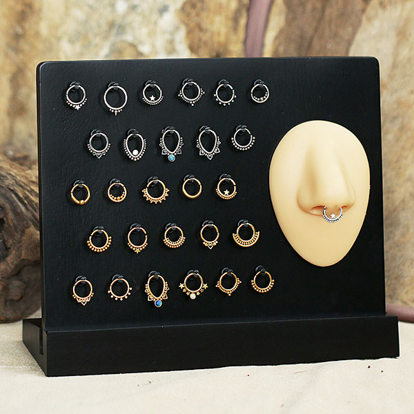 Wooden jewelry display,hinged segment rings,BCR s,circular barbells,septum piercing,piercing jewelry,jewelry display tray