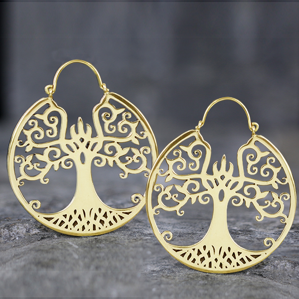 tree of life earrings,nickel free jewelry,tribal brass earrings,tunnel charms